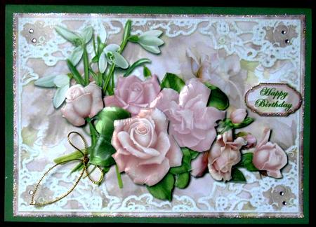 Pink Rose Bouquet in Lace Frame Card Front by Margarette Blakeborough