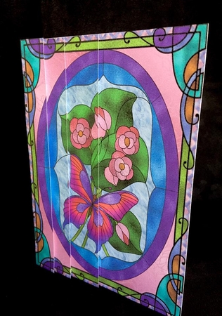 Stained Glass Floral Butterfly Side Stacker Card Front 1 by Maria Stevens