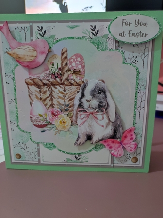 Easter Wishes 7: Bunny & Egg Basket 8 x 8 Quick Card Front with Sentiments, Mint Green/Pink by marie nowell