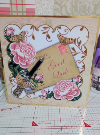 Pink Roses Good Luck Ink Saver 8in Decoupage Topper by marie nowell