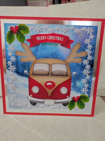 Red Toonie Christmas campervan in the snow 8x8 by marie nowell
