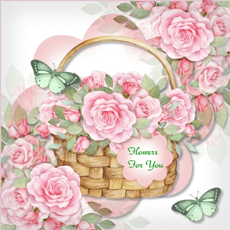 Watercolour Rose Vignette Basket and Papers by Marijke Kok