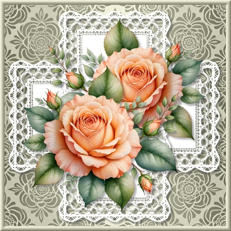 Peach Roses Floral Corners & Borders by Marijke Kok