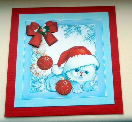 Cute kitty in santa hat with xmas baubles 8x8 by Marijke Kok