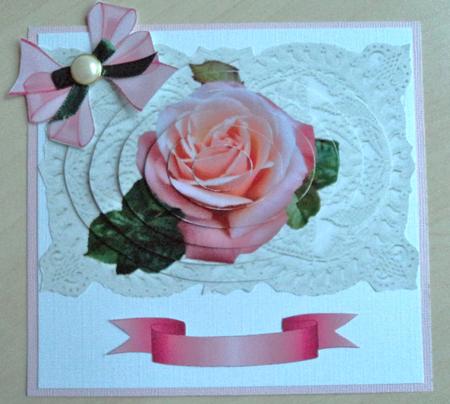 Pink Rose on Ecru Lace, Oval Pyramids by Marijke Kok