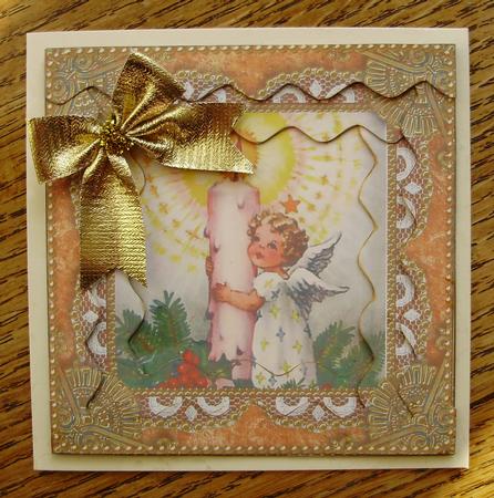 Christmas Candle Angel 2 Spiral Wavy Edge Stacker Card Front by Marijke Kok