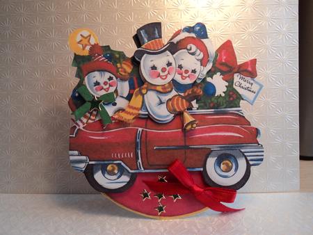 Vintage Snowmen in Car Rocker Card by Marijke Kok