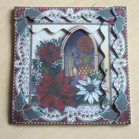 Poinsettia Window Spiral Wavy Edge Stacker Card Front by Marijke Kok