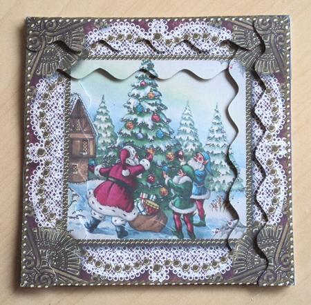 Santa Decorating Tree Spiral Wavy Edge Stacker Card Front by Marijke Kok