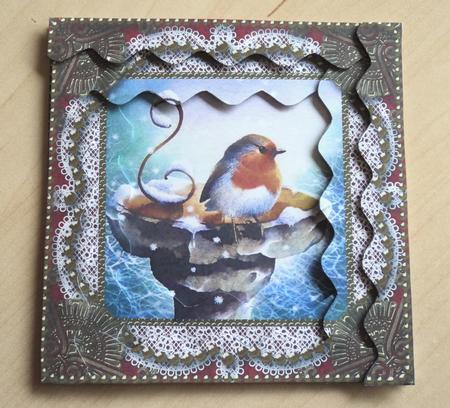 Christmas Robin 2 Spiral Wavy Edge Stacker Card Front by Marijke Kok