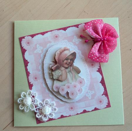 Victorian Girl in the Pink 3D Decoupage Card Front Topper by Marijke Kok