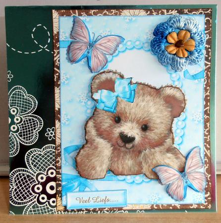 Cuddly Brown Bear with Turq Butterflies by Marijke Kok