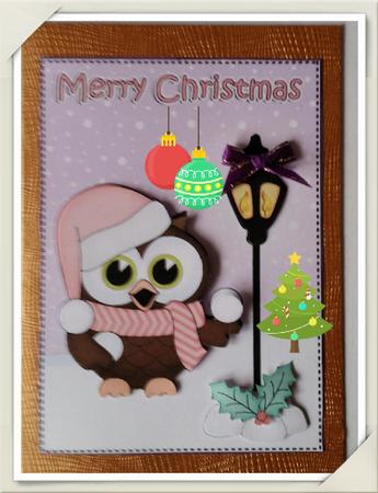 Christmas Cute Little Hoot Owl Lamp Post 5x7 3D Decoupage by Marijke Kok