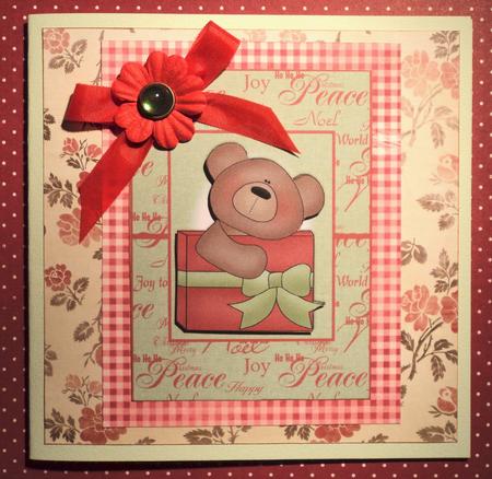 Christmas Teddy with Xmas Present Over the Edge Card by Marijke Kok