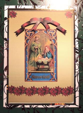 Framed Nativity Window with Red Ribbon by Marijke Kok