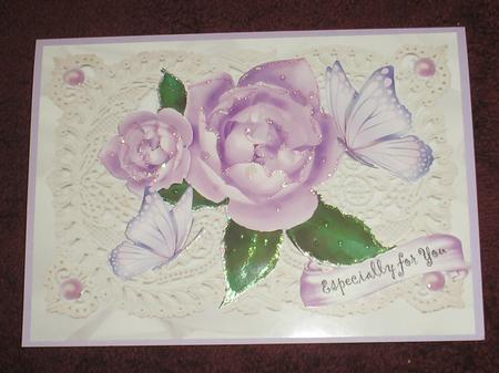 Lilac Roses with Butterflies & Pearls on Ecru Lace by MMarilyn WillsonWillson