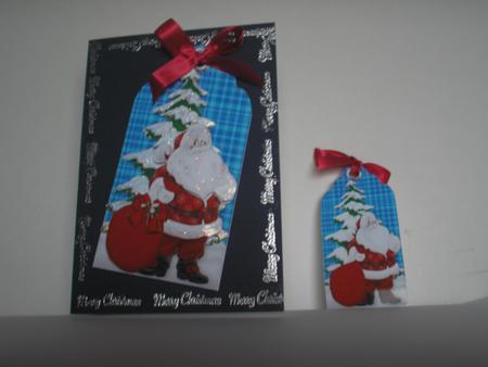 Santa with Christmas Tree on Blue Tartan Tag by MMarilyn WillsonWillson