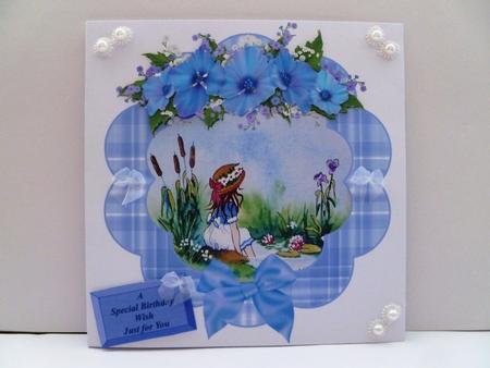 Cute Girl by the Pond with Floral Decoupage Frame by Maz Kfk