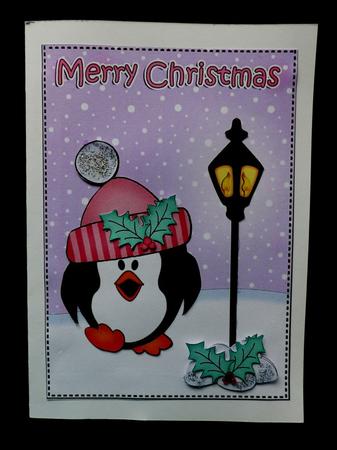 Christmas Pip Penguin Lamp Post 5x7 3D Decoupage by Maz Kfk