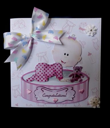 Baby Girl & Teddy Bear - Shaped Card Topper with Decoupage by Maz Kfk