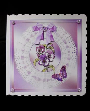 Doily Card with Pansies and Butterflies by Maz Kfk