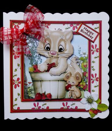Cat and Mouse Find Strawberries Card Front by Maz Kfk