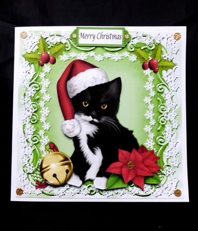 Cute Black Kitty in Santa Hat with Bell 8x8 by Maz Kfk