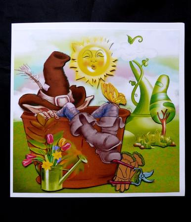 Lazy Garden Gnome, Snoozing in a Pot with Flowers 8x8 by Maz Kfk