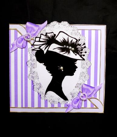 Vintage Silhouette Lady in Hat on Lace on Purple Stripe by Maz Kfk