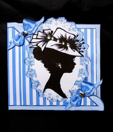 Vintage Silhouette Lady in Hat on Lace on Blue Stripe by Maz Kfk