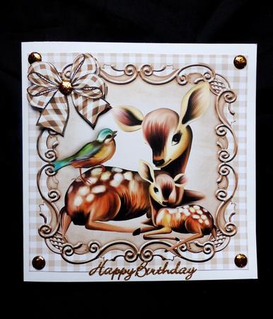 Mum & Baby Deer with Little Bird & Bow 8x8 by Maz Kfk