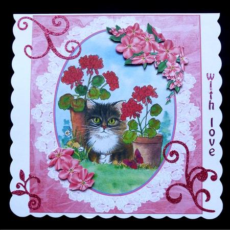 Cat and Geraniums Decoupage Topper by Maz Kfk