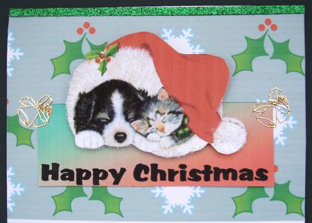 Cut Out Card, Sleeping Xmas Puppy and Kitten by Maz Kfk
