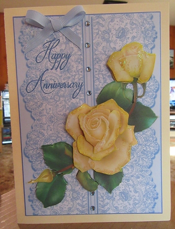 Roses on Lace - Cream on Blue - Anniversary by Marion Evans