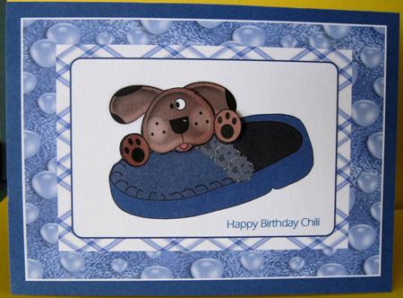 Large Patch Puppy and Slipper Blue Topper by Marion Evans