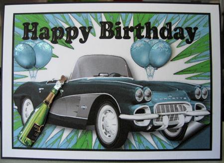 Turquiose Corvette with Balloons and Champers A4 by Marion Evans