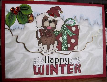 Cute Puppy with Pressie, Happy Winter by Marion Evans