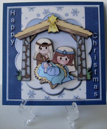 Nativity Blue Square Card Front by Marion Evans