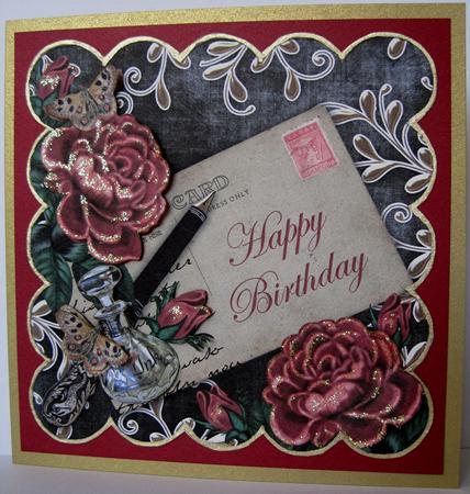 Deep Red Roses Black Happy Birthday 8in Decoupage Topper by Marion Evans