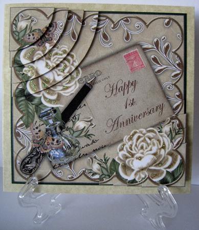 Cream Roses Happy 1st Anniversary 6in Duo Corner Stacker by Marion Evans