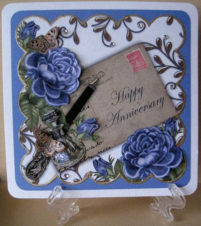 Blue Roses Happy Anniversary Ink Saver 8in Decoupage Topper by Marion Evans