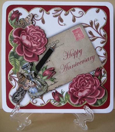 Dpink Rose Happy Anniversary Ink Saver 8in Decoupage Topper by Marion Evans