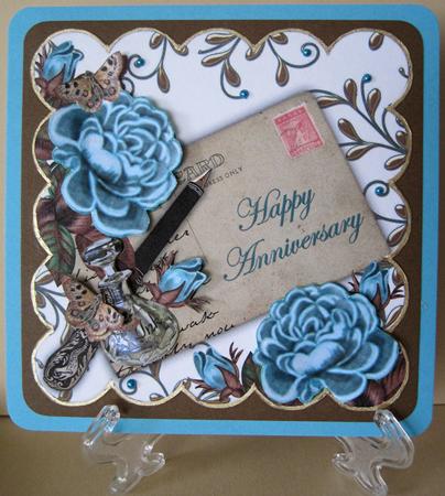 Teal Rose Happy Anniversary Ink Saver 8in Decoupage Topper by Marion Evans
