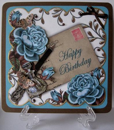 Teal Roses Happy Birthday Ink Saver 8in Decoupage Topper by Marion Evans