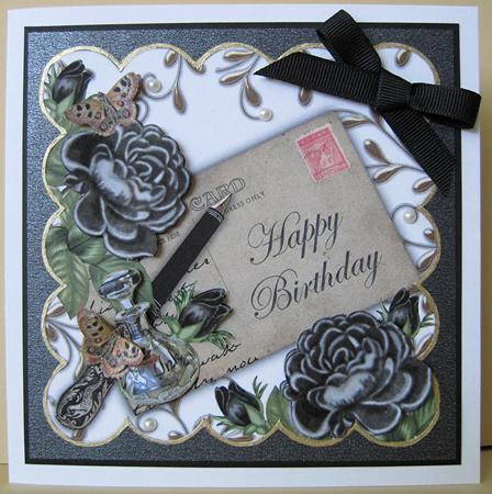 Black Roses Happy Birthday Ink Saver 8in Decoupage Topper by Marion Evans