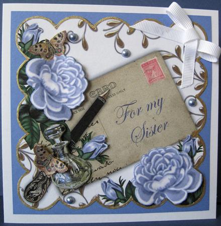 Pblue Roses for My Sister Ink Saver 8in Decoupage Topper by Marion Evans
