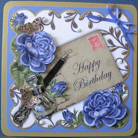 Blue Roses Happy Birthday Ink Saver 8in Decoupage Topper by Marion Evans