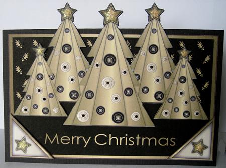 Buttons Christmas Trees Ii Front Over the Edge (black) by Marion Evans