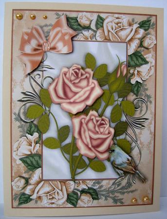 Peach Roses with Little Bird in Rose Frame A4 by Marion Evans