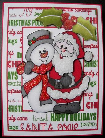 Santa and Snowman with Holly in Word Frame by Marion Evans